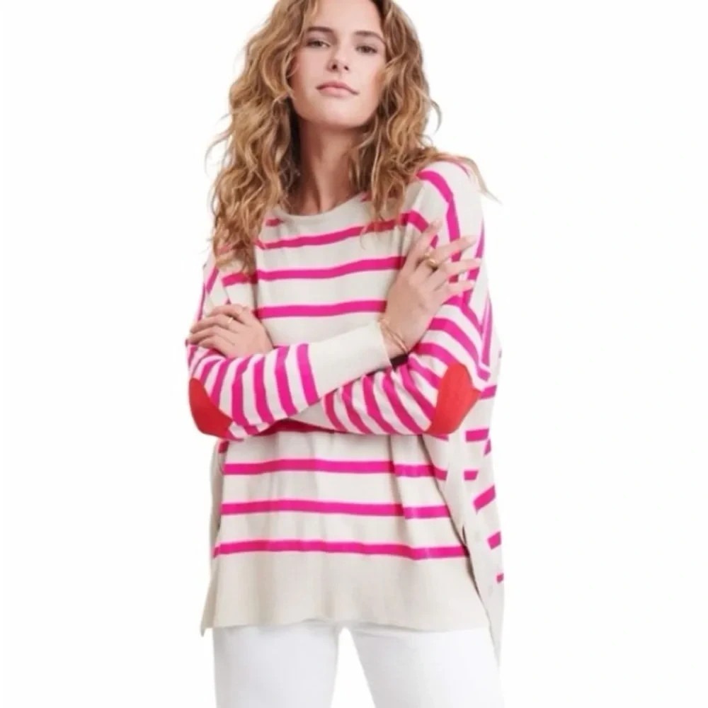 MERSEA Amour Pink Stripe Sweater Red Heart Elbow Patches One Size